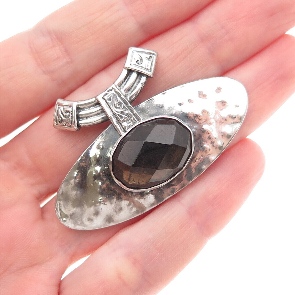 925 Sterling Silver Vintage Real Smoky Quartz Modernist Hammered Slide Pendant